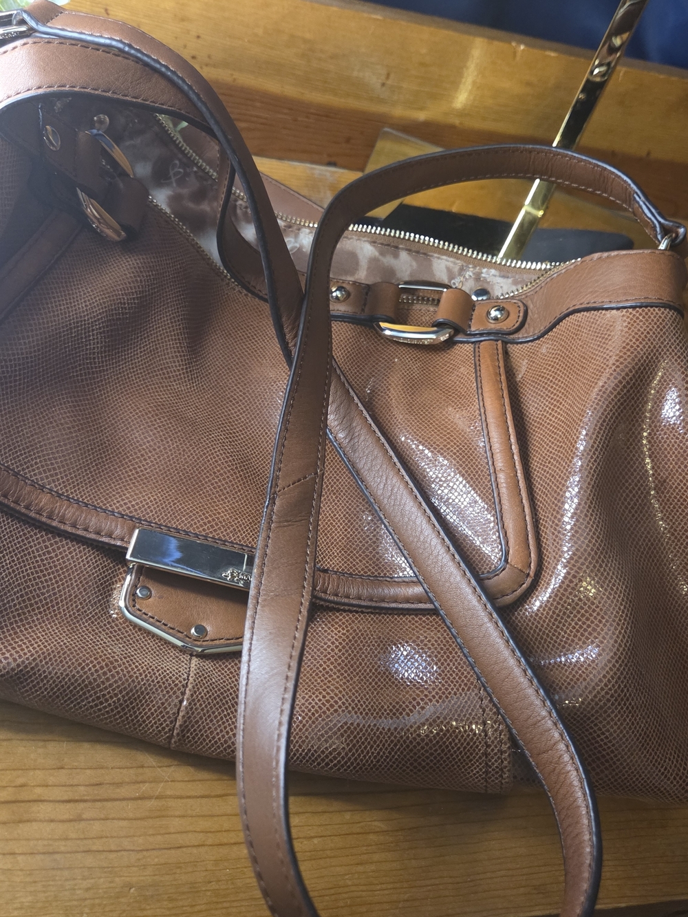 B. Makowsky Cognac Leather Satchel | Luxe Texture + Leopard Lining Chic - Picture 15 of 17